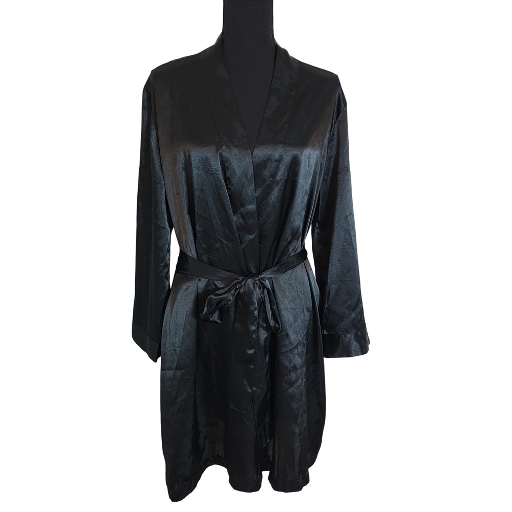 Morgan Taylor Intimates Black Satin Robe Long Sleeve Tie Waist Pockets Medium